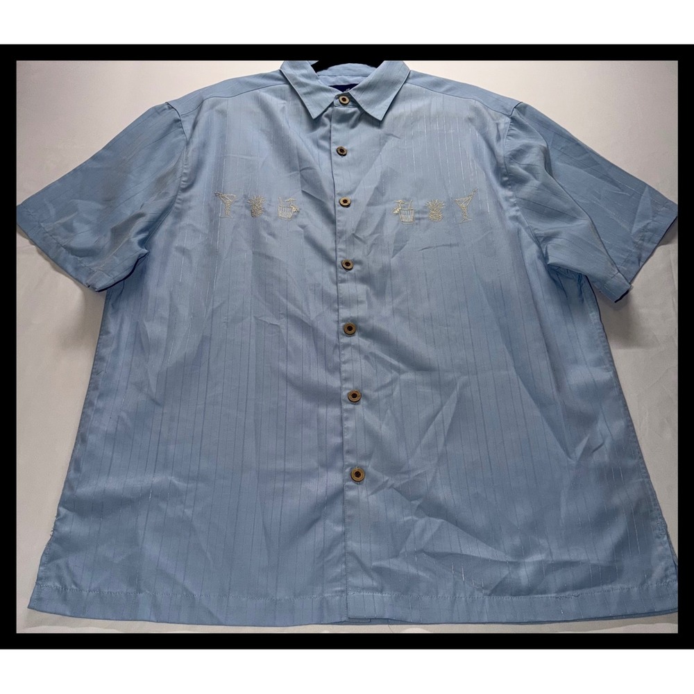 Caribbean Joe Button Up Mens XL Blue Embroidered Tropical Camp Shirt Beach